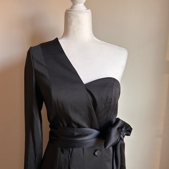 Mac Duggal One Shoulder Tie Waist Tuxedo Dress - Black - 4 - Picture 12 of 15